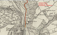 Conjectural route of the Blaendare Tramroad based on the 1881 OS map, © Crown Copyright reserved